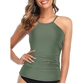 Women Tankini Top Only High Neck Tummy Control Bathing Suit Top 2026 | Adjustable Straps, Removable Bras, Full Lining, Ruched Swimsuit Top