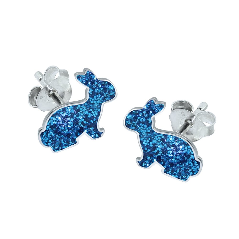 Blue Bunny Rabbit Earrings with Sparkly Blue Glitter - 925 Sterling Silver
