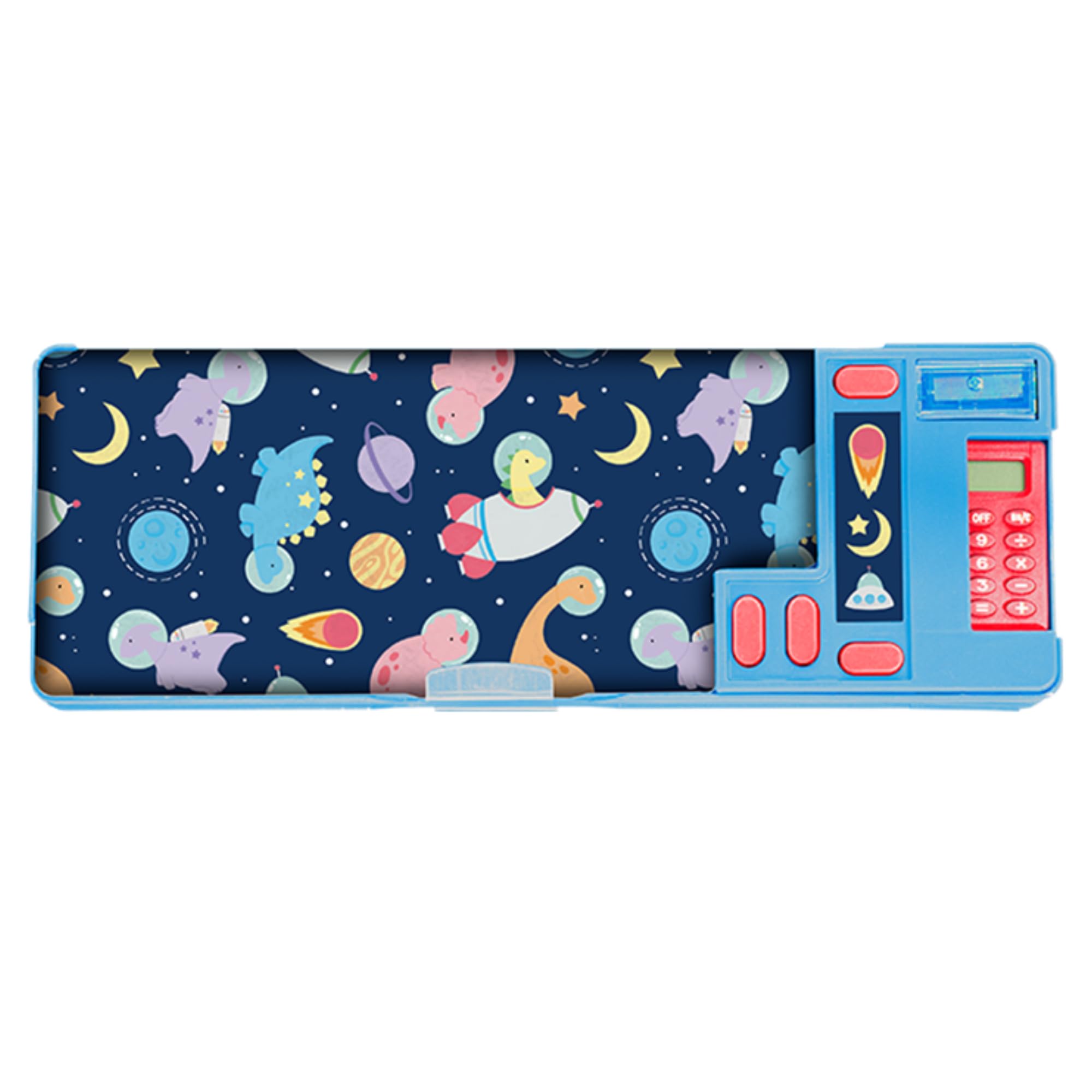 RINCS Essentials Pencil Case for Kids - Includes Calculator, Sharpener, Class Timetable & Stickers, 2 Large Pop Out Compartment with Push Button | Multifunctional Stationery Box (Space Dinosaurs)