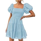 ZESICA Women's Boho 2026 Summer Square Neck Puff Sleeve Off Shoulder Smocked Tiered Casual A Line Short Mini Dress
