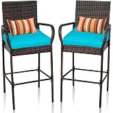 Sundale Outdoor Wicker Bar Stool Set of 2, Patio Counter Height Pub Chair | with Arms, High Top Rattan Barstool, Cushion Beige, All-Weather Outdoor Rattan Furniture (Brown&amp;Blue, 2 Stools)