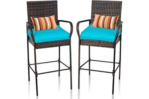 Sundale Outdoor Wicker Bar Stool Set of 2, Patio Counter Height Pub Chair with Arms, High Top Rattan Barstool, Cushion Turquoise, All-Weather Outdoor Rattan Furniture - Steel, Brown