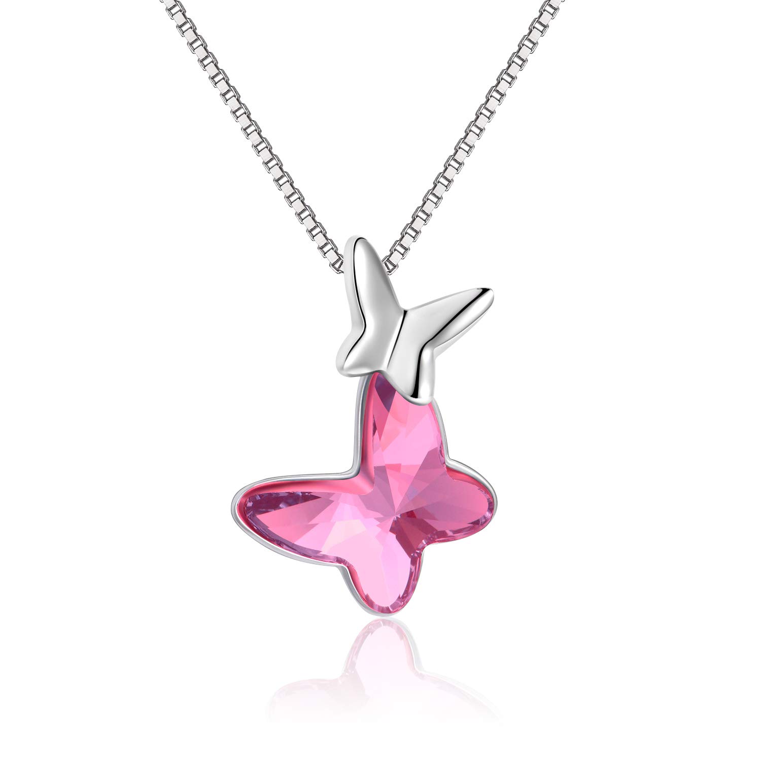 AOBOCO Sterling Silver Butterfly Pendant Necklace, Birthday Jewellery Gifts for Women Girls (Pink)