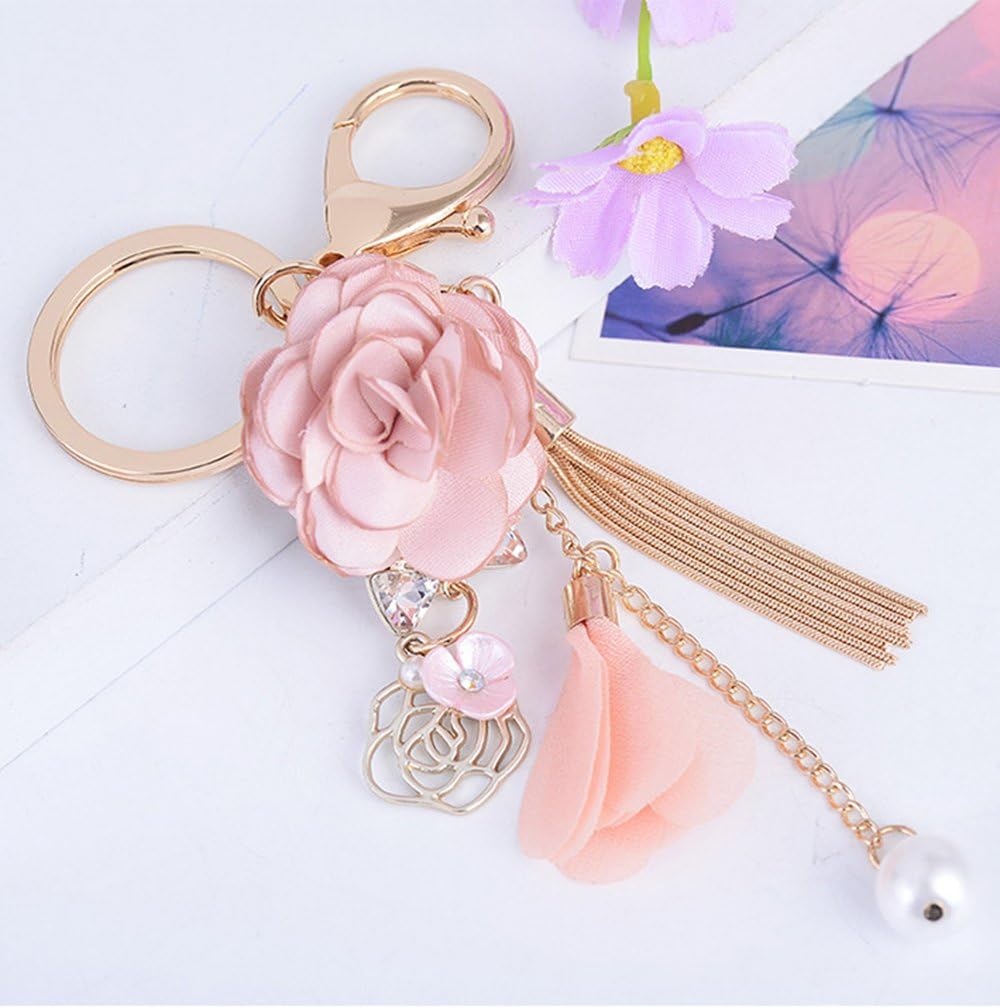 ZOONAI Flower Tassel Keychain Pearl Car Keyring Holder Purse Handbag Pendant (Pink) - Image 4