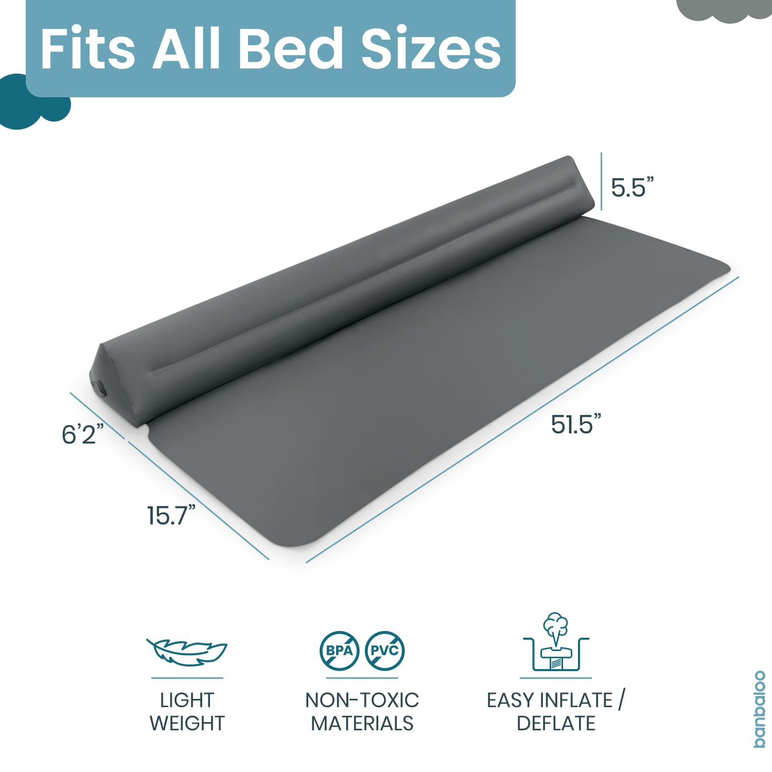 BANBALOO - 2-Pack Inflatable Bed Bumper for Children - Child Fall Protection, Inflatable Travel Bed Rail, for fold-Away, Single, Double, Queen Size, King Size and Montessori beds