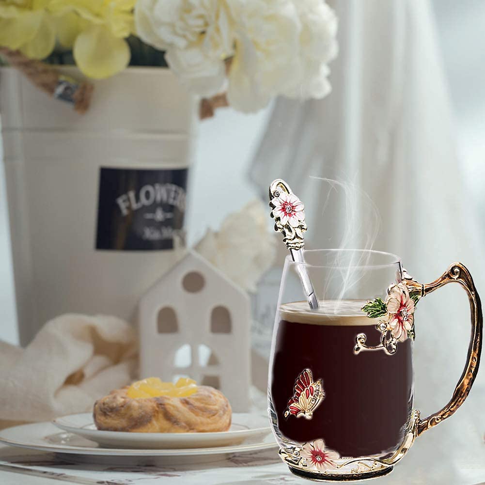 Tea Cup Coffee Mug Cups, 13oz Handmade Iris Japonica Tea Mug with Spoon, Unique Personalized Birthday Present Ideas for Mother