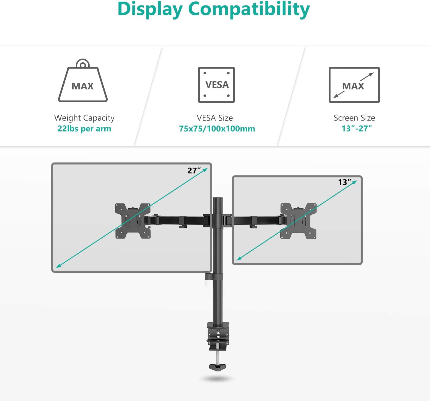 WALI Dual LCD Monitor Fully Adjustable Desk Mount Stand Fits 2 Screens up to 27 inch, 22 lbs. Weight Capacity per Arm (M002), Black : Office Products