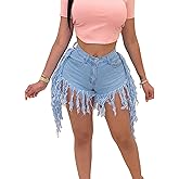 ZVKHMK Women's Junior Tassels Jean Shorts High Waisted Frayed Raw Hem Ripped Denim Short