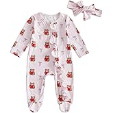 SHUING Newborn Baby Girl Valentines Outfit Heart Bear Ruffled Zipper Long Sleeve Romper Footies One Piece Jumpsuit Headband