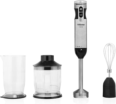 MX-4829 - Set de batidora, con batidor, picadora y vaso medidor de 700 ml con tapa, Varilla de acero inoxidable, Función turbo, Motor de 1000 W DC, Negro y plateado