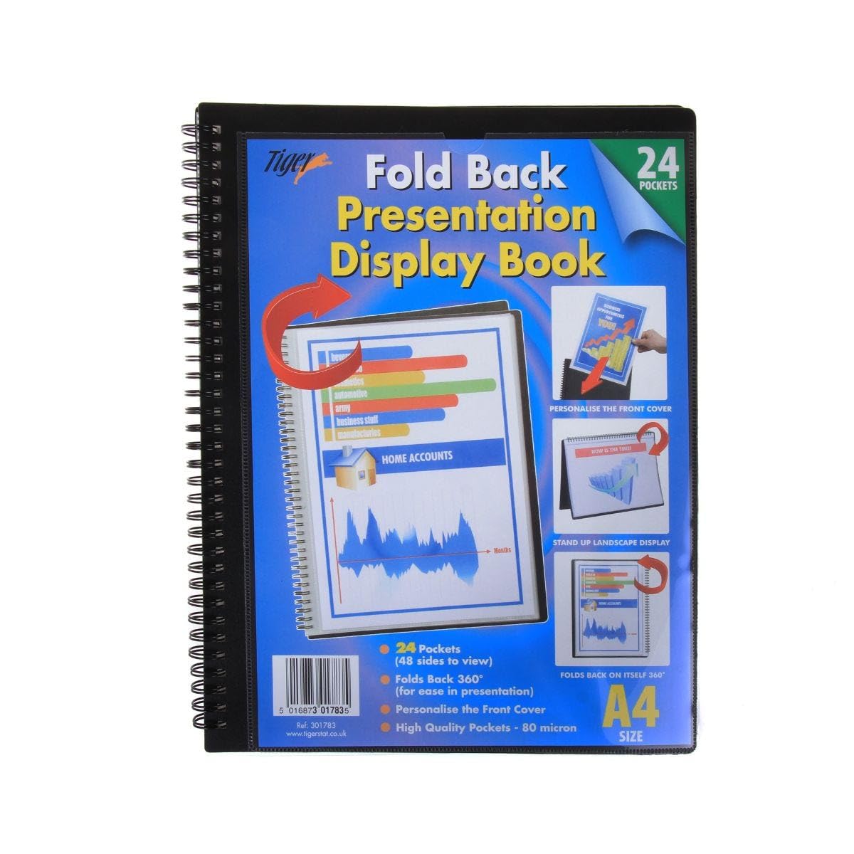 Tiger 301783 13803X 24 A4 Pocket Fold Back Display Book - Black