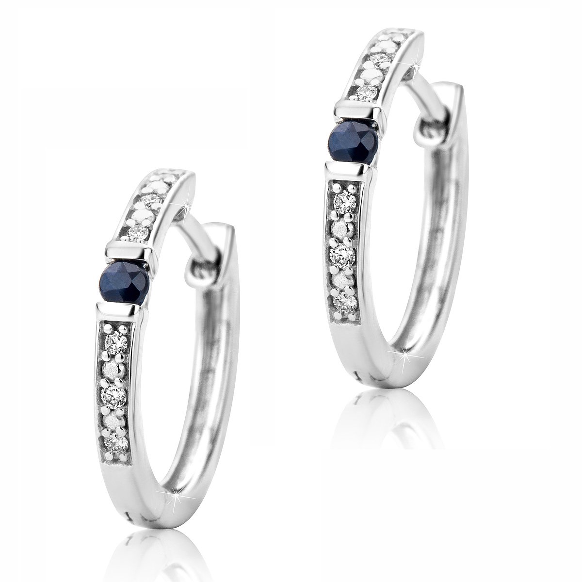 Orovi Ladies’ Diamond White-gold Hoop Earrings with Blue Sapphires, 9 Karat (375), Diamond 0.016 Carat