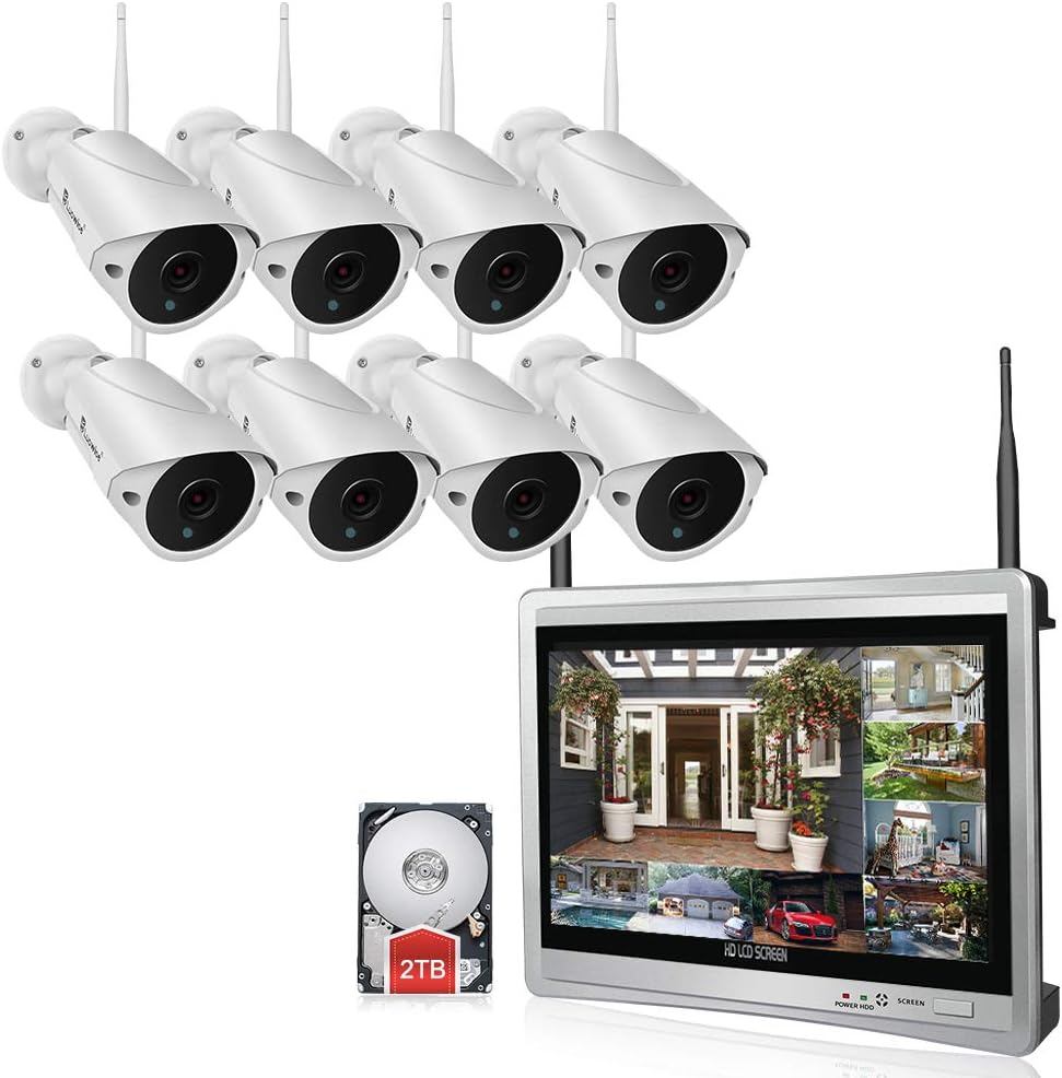 Luowice 8CH Wireless Audio Security Camera System with Built-in Monitor & Router All-in-One 960p 2 TB HDD Indoor/Outdoor HD Surveillance Cameras with Night Vision