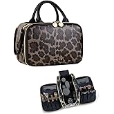 Prite Makeup Bag for Women, Large Capacity Waterproof Travel Cosmetic Organizer, Portable Open Flat Toiletry Bag with Free-standing Brush Holder and Handle(Leopard Print Medium)