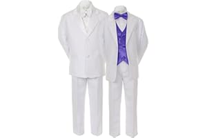 Unotux 7pcs Boys White Suits Tuxedo with Satin Purple Bow Tie Vest Set (S-20)