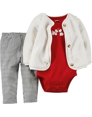 Baby Girls' 3 Piece Sherpa Cardigan Pants Set (9m, White)
