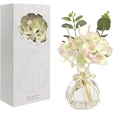SILVURIA Reed Diffuser,Fresh Linen Fragrance Diffuser | with Beige Reed Sticks,,7.44fl oz(220ml),Artificial Hydrangea Flower &amp; Eucalyptus Decor,Bathroom &amp; Bedroom Decor
