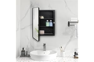 Fundin Plastic Black Medicine Cabinet, Mirror Door with Round Corner Metal Frame, Recessed and Surface Mount Bathroom Medicine Cabinet, 16 x 22 inch Mirror Size