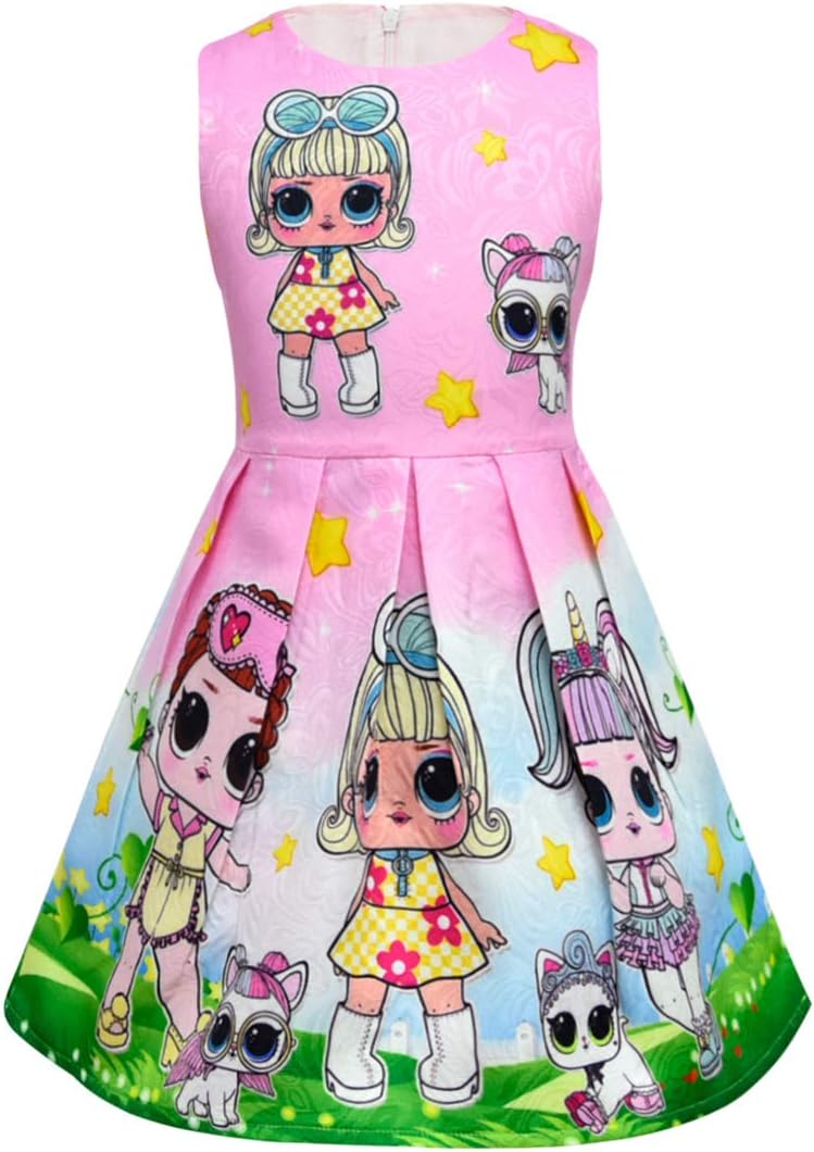 ALAMing LOL Girl Dress Summer Round Neck Sleeveless Big Dot Cartoon Short-Sleeved 3-8Years