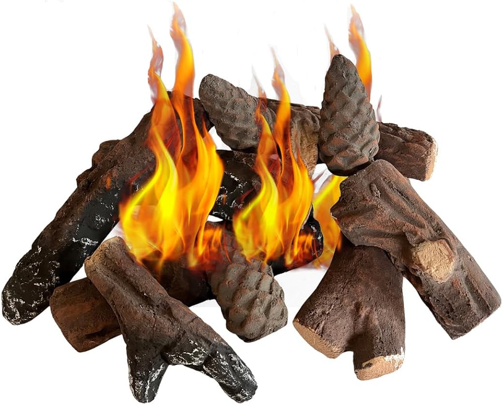 ukiyo 10-Piece Ceramic Fireplace Wood Set - Bio-Ethanol Gas Log Pine Cones