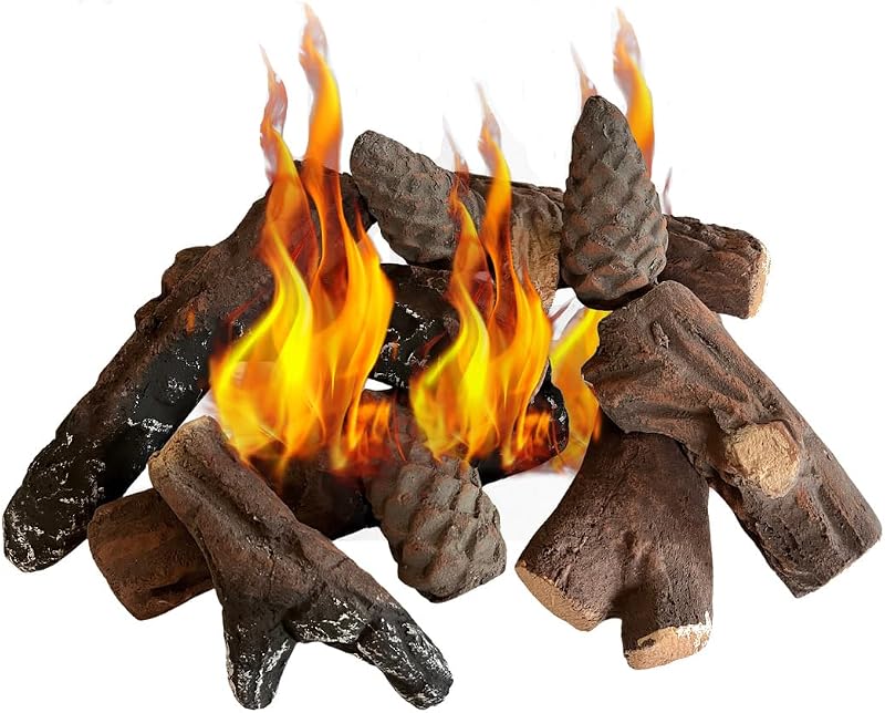 ukiyo 10-Piece Ceramic Fireplace Wood Set - Bio-Ethanol Gas Log Pine Cones