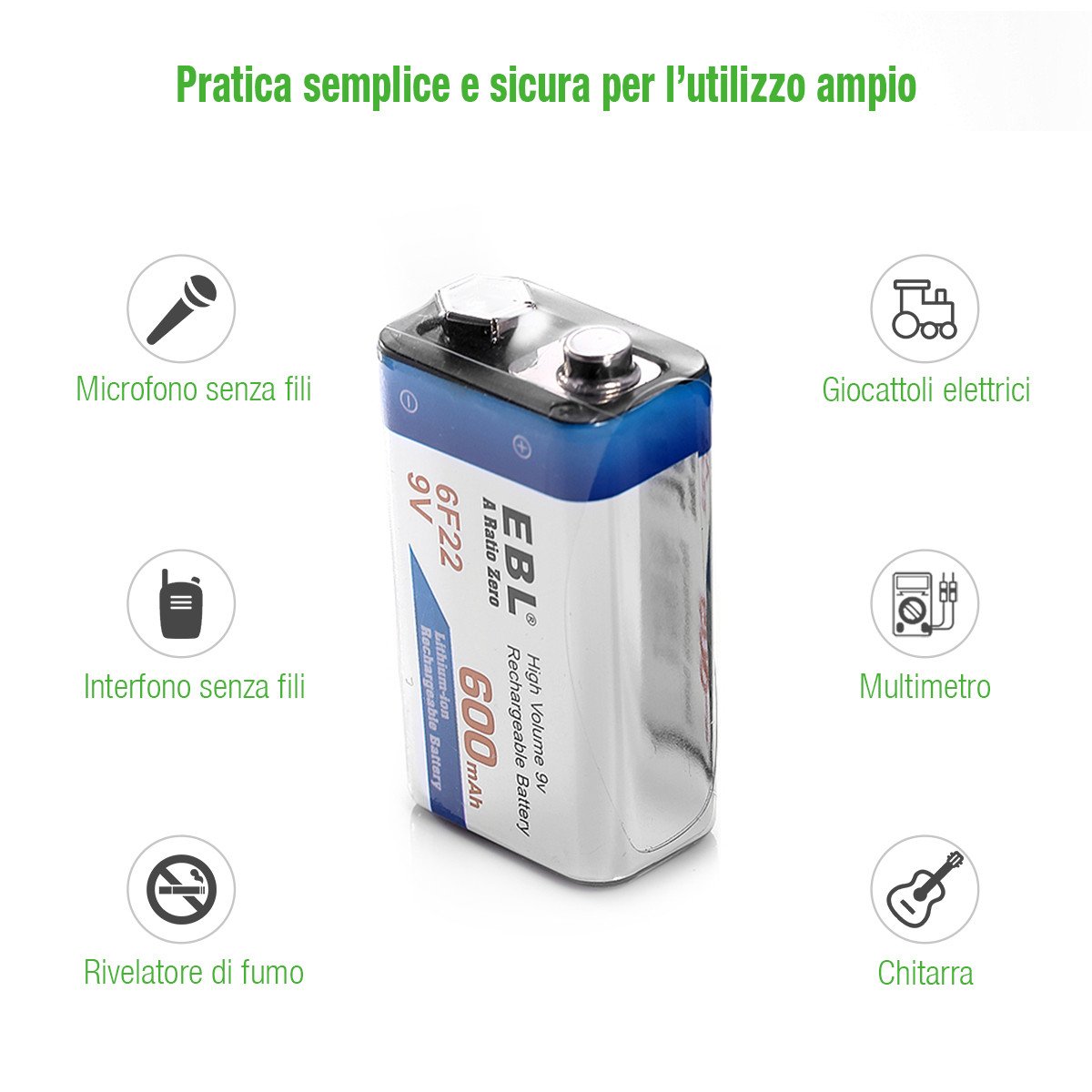 EBL 9V 600mAh Batterie ricaricabili agli ioni di Litio, confezione da 4 pezzi Senza l’effetto della memoria anche è Auto-scarica bassa