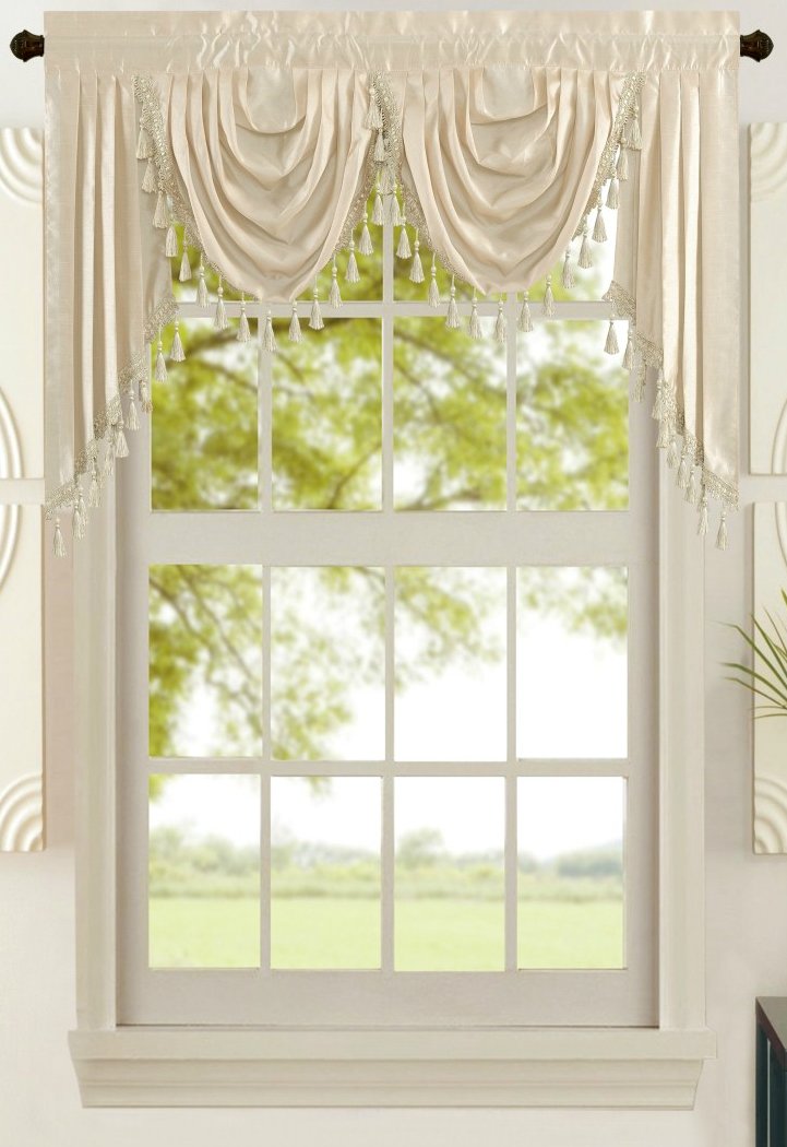 All American Collection New Attached Solid Faux Silk Double Waterfall Valance with Tails (55" x 32", Beige Valance)