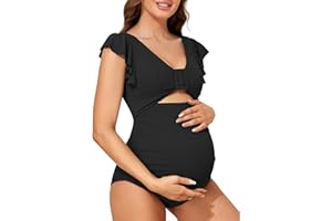 Summer Mae Ribbed Maternity Swimsuit Cutout One Piece Ruffle Sleeve Pregnancy Bathing Suit High Waisted Swimwear