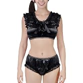 Littleforbig Satin Lacy Frill Ruffled Sissy Baby Bralette Set | Silky Shiny Fabric, Crop Top and Shorts, Bow Detail, Lightweight, Feminine Silhouette, Breathable, All-Day Comfort