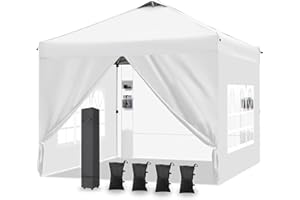 Fnsyay 10'x10' Pop Up Canopy Tent with 4 Sidewalls and 6 Pockets, Ez Pop Up Outdoor Commercial Canopy with Top Vent, 3-Height Adjustable, Roller Bag, 4 Sand Bags, 4 Ropes and 8 Stakes,White
