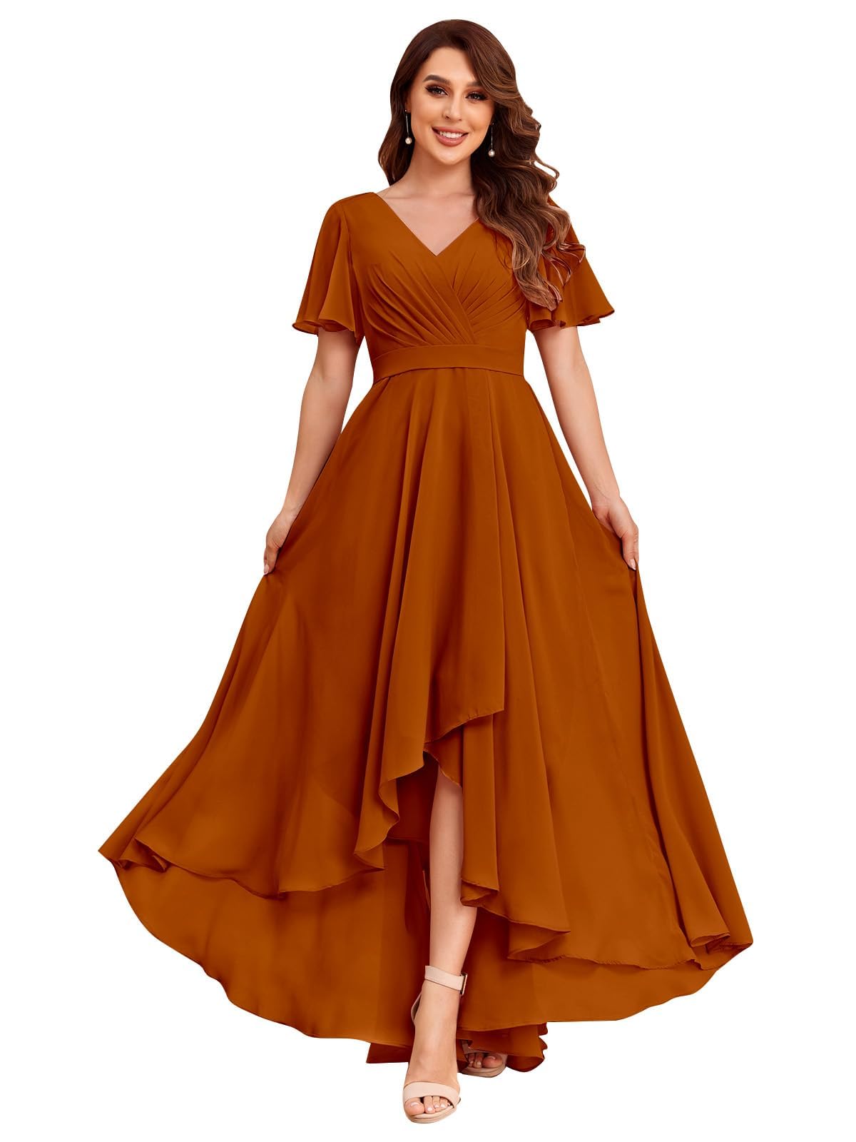 Photo 1 of JKMMYO Burnt Orange Bridesmaid Dresses for Wedding Long Pleated Ruffles Sleeves V-Neck High Low Formal Evening Dresses Size 14