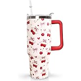 Ceovfoi 40oz Cherry Bow Coffee Mug Cup Water BottlesTumbler With Handle Lid and Straw,Cherry Decor Stuff Accessories