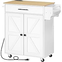 HOOBRO Kitchen Island with Power Outlet, Kitchen Storage Island with Large Worktop, Spice Rack and Drawer, Rolling Kitchen Ca