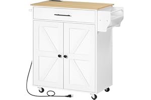 HOOBRO Kitchen Island with Power Outlet, Kitchen Storage Island with Large Worktop, Spice Rack and Drawer, Rolling Island on Wheels, for Dining Room, White and Natural