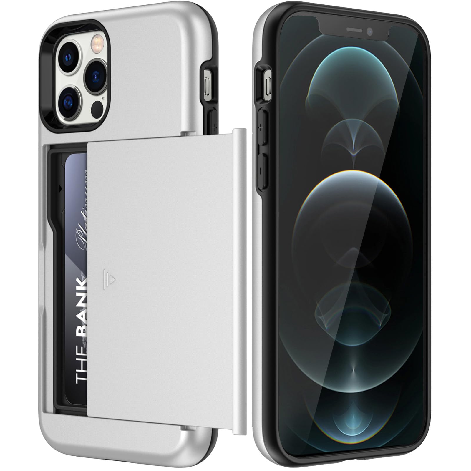 JETech Wallet Case for iPhone 12/12 Pro 6.1-Inch with Card Holder, Dual Layer Shockproof Protective Phone Cover, Sliding Hidden Slot (Silver)