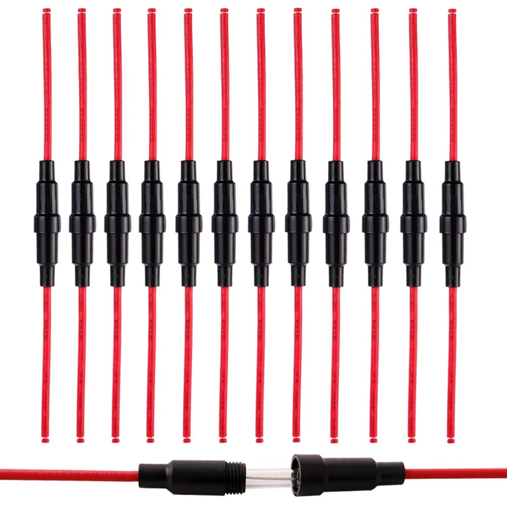 QitinDasen 12Pcs Professional 5 X 20mm AGC Glass Tube Fuse Holder Inline Screw Type Cap, 32V 20A Fuse Box with 16 AWG Wire, for Fast-Blow Glass Tube Fuses (Black)
