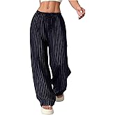 GORGLITTER Women's Wide Leg Pinstripe Pants Baggy Striped Pants Dressy Casual Drawstring Waist Trousers Lounge Pants