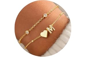 TURANDOSS Heart Initial Bracelets for Teen Girls - 14K Gold Plated Layered Initial Bracelets Heart Letter A-Z Charm Bracelet Stack Mom Daughter Jewelry Birthday Gifts for Women Teen Girls