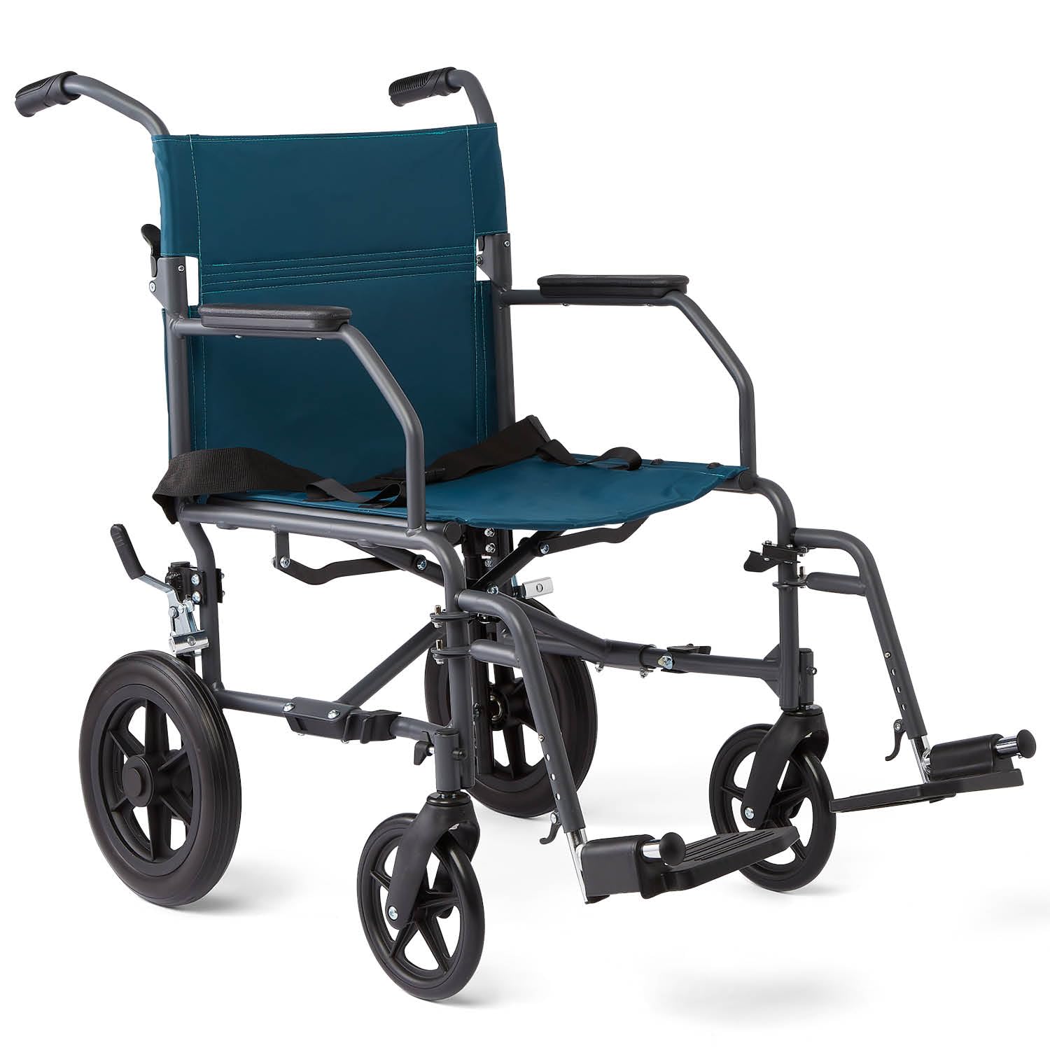 Photo 1 of Medline Durable Folding Steel Transport Wheelchair with 12-Inch Wheels, 19-Inch Seat Width, Gray Frame, Microban, Teal Upholstery