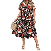 CARCOS Plus Size Dresses for Curvy Women Collared Vneck Short Sleeve Dresses Midi Summer Ruffle Dress with Pocket XL-5XL