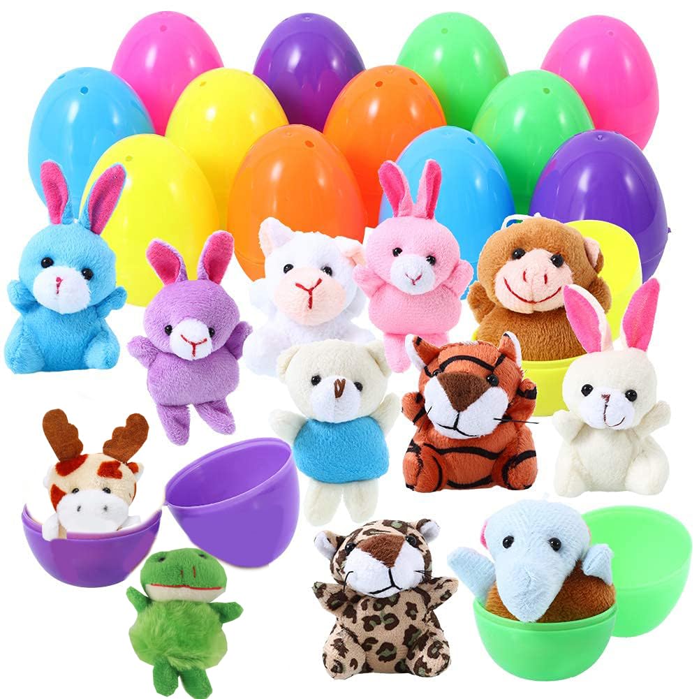 ThinkMax 12 pcs Easter Eggs Filled with Mini Plush Animals Toy for Easter Basket Stuffers/Fillers, Eggs Hunt, Party Favor
