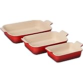 Le Creuset Stoneware Heritage Rectangular Baking Dish, 3 pc., Cerise | Set of 3: 12.5-inch (4 qt.), 10-inch (2.5 qt.) and 7.5&rdquo; (1.1 qt.)