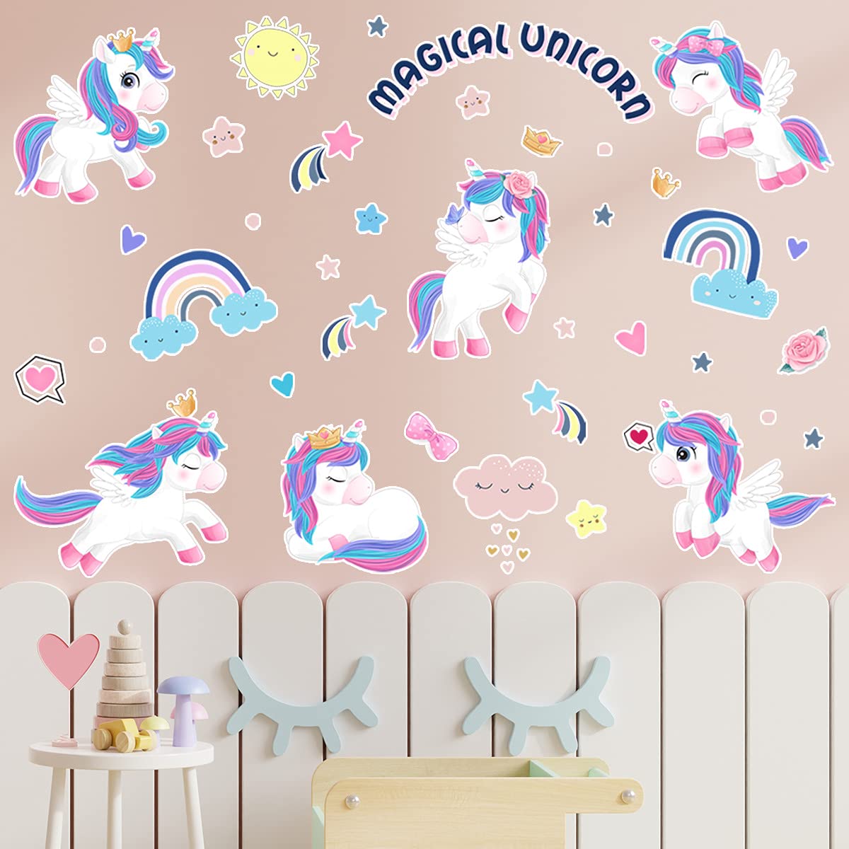 fanquare Colorful Rainbow Unicorn Wall Stickers Magical Unicorn Star Wall Decals Children Removable for Girls Nursery Bedroom Living Room Art Home Décor