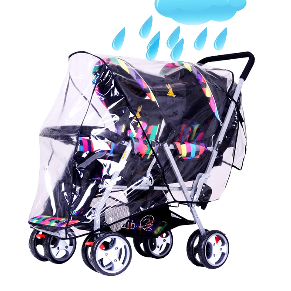 Front and Rear Twin Strollers Rain Cover Double Tandem Baby Stroller Transparent PVC rain Cover Waterproof Universal Weather Shield for Pushchair Pram Buggy Rainn Covers with Canopy