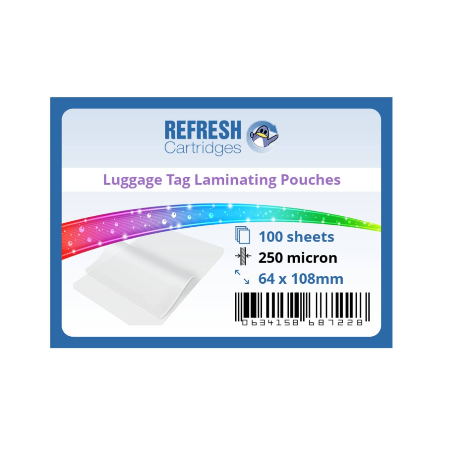 Refresh Cartridges Laminating Pouches Luggage Tag Size (64x108mm) - 250 Micron - Pack of 100 Sheets (Glossy)
