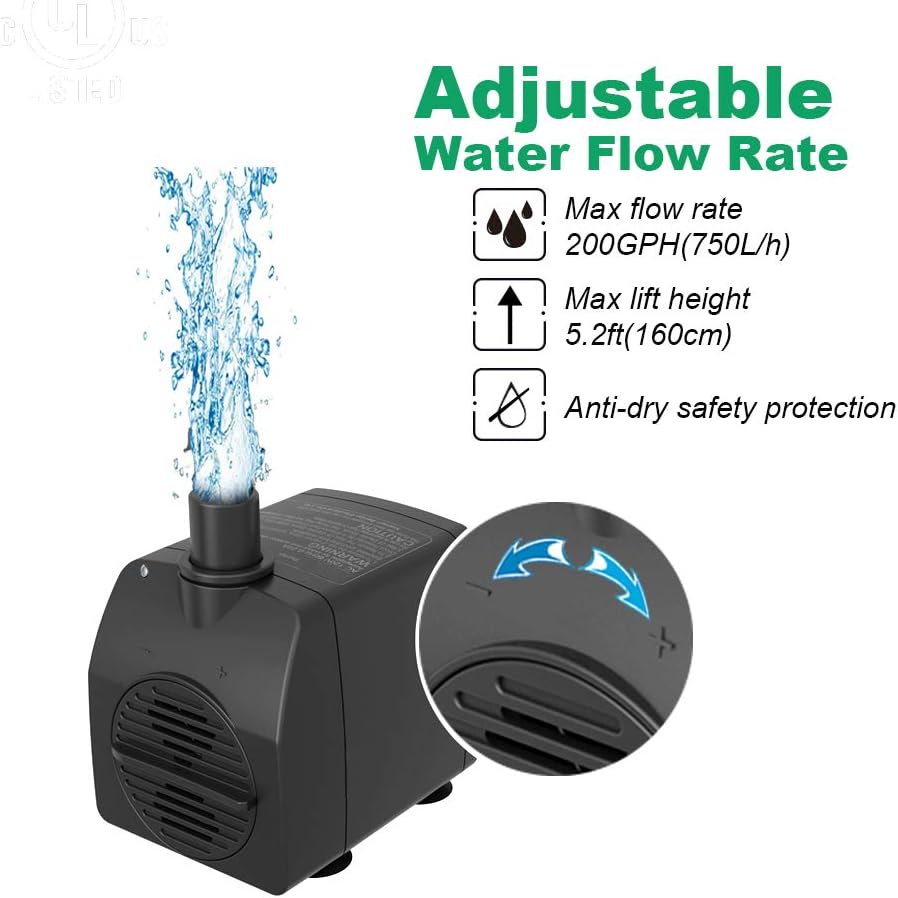 Knifel Submersible Pump 200GPH Ultra Quiet with Dry Burning Protection 5.2ft High Lift for Fountains, Hydroponics, Ponds, Aquariums & More……: Garden & Outdoor