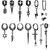 5 Pairs Punk Hip-hop Stainless Steel Black Dagger Geometric Triangle Cross Sword Dangle Surgical Huggie Hoop Earrings Set Gift for Men Women Teen