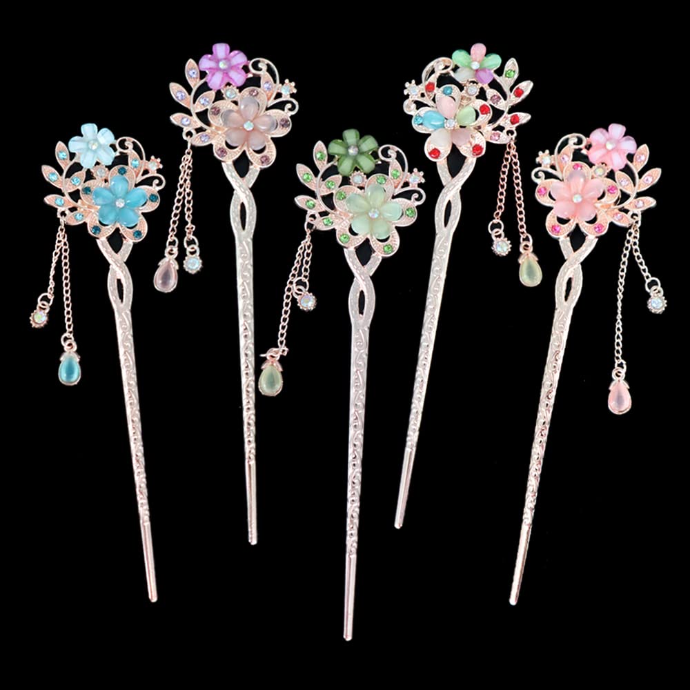 5 Colors Chinese Traditional Flower Hair Sticks, Retro Glitter Rhinestone Hairpin, Elegant Flower Hair Chopsticks Hair Pin Chignon with Tassel (Style B)