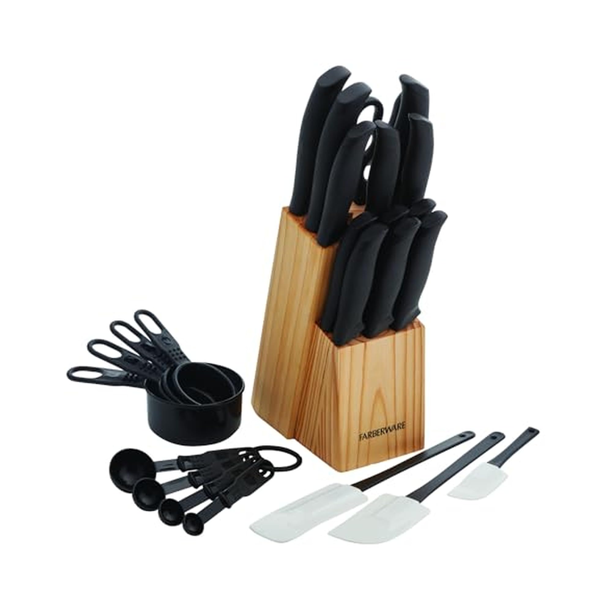Photo 1 of Farberware 25-Piece Knife Block Set with Soft Grip Handles and Kitchen Tools, High-Carbon Stainless Steel Knives, Measuring Cups, Spoons and Spatulas, Natural Wood Block