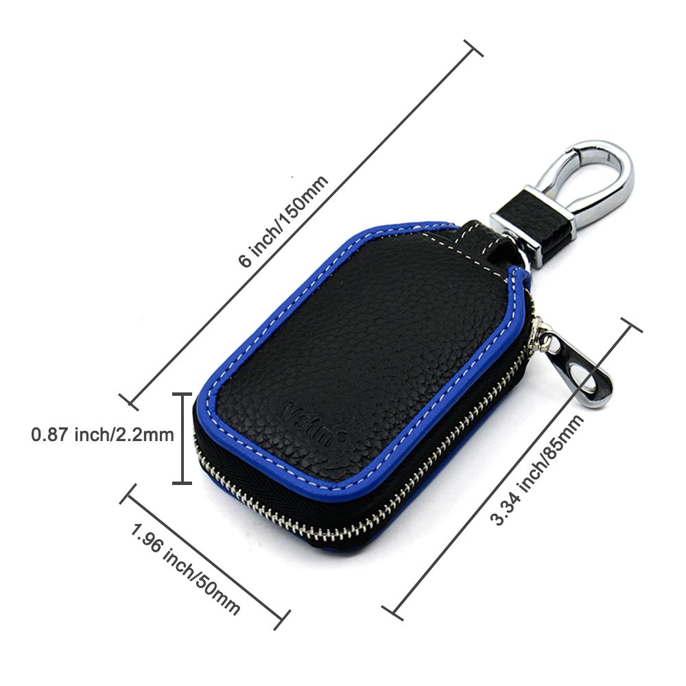 Car Keychain,VSTM Blue Genuine Leather Car Smart Key Chain Coin Holder Metal Hook and Keyring Wallet Zipper Bag for Vehicle Keyless Entry